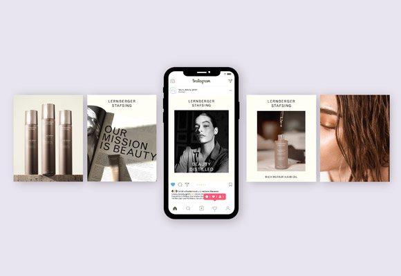 Mobile Phone mit Instagram Screen und verschiedenen Posts zum Thema Social-Media-Marketing